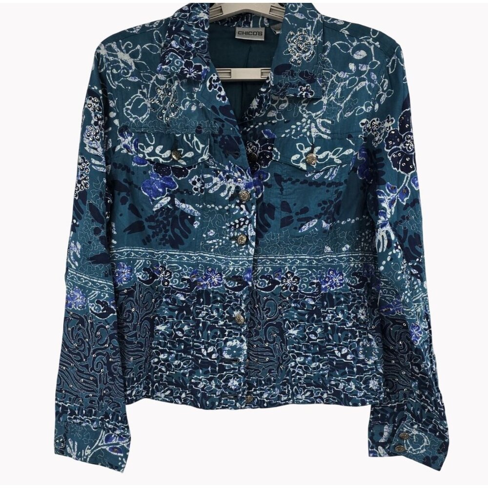 Chicos 0 Womens 4 Blue Beauty Floral Button Up Jacket 100 Cotton India New